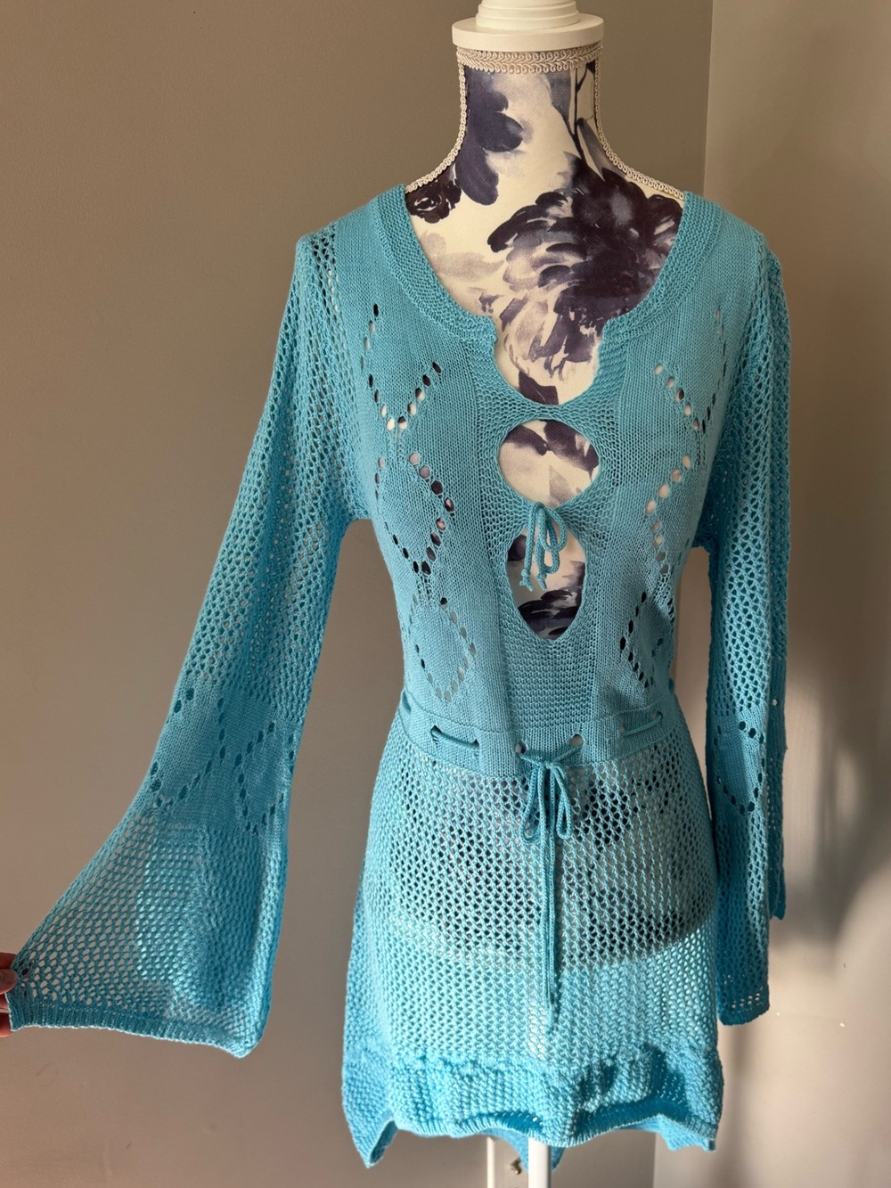 Light Blue Crochet Swim High Low Cover Up with Tie Waist & Bell Sleeves